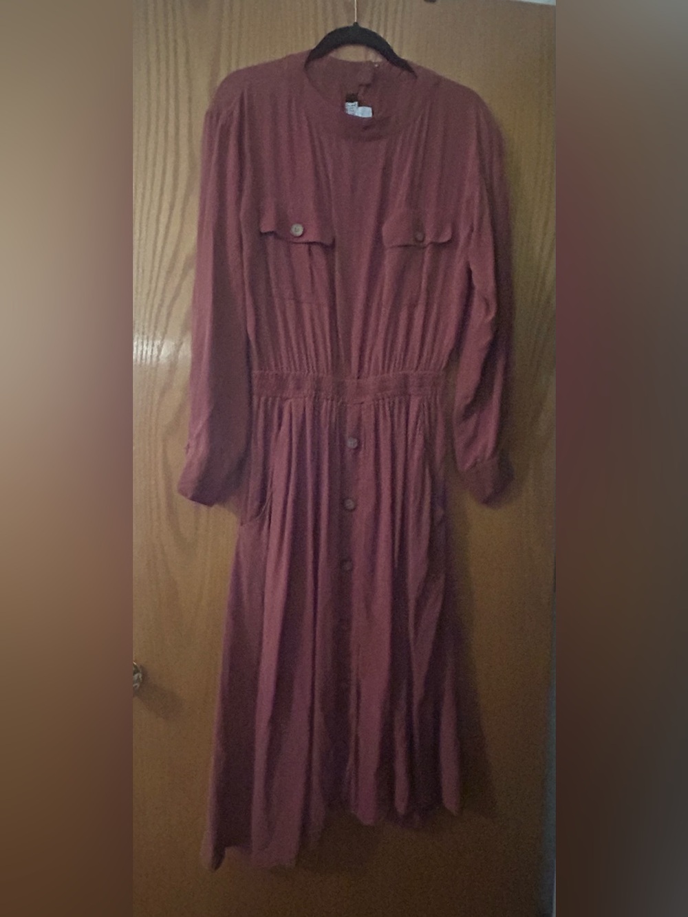 Long-Sleeve Rust Button-Front Midi Dress with Elastic Waist